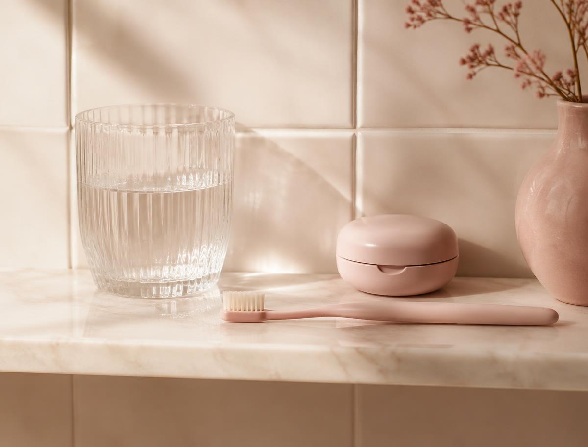 Toothbrush, glass of water and a small storage case on a bathroom shelf
